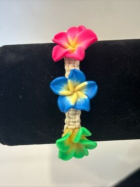 Boho Macrame Hemp Bracelet Adjustable Hawaiian Plumeria Clay Flower Tropical‎